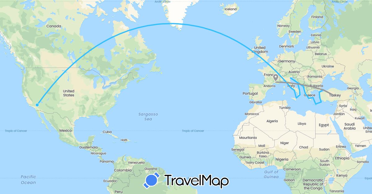 TravelMap itinerary: driving, plane, boat in France, Greece, Croatia, Italy, Montenegro, Turkey (Asia, Europe)