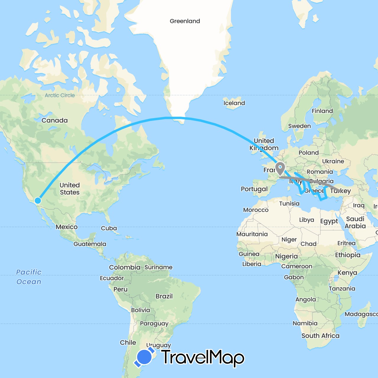 TravelMap itinerary: driving, plane, boat in France, Greece, Croatia, Italy, Montenegro, Turkey (Asia, Europe)