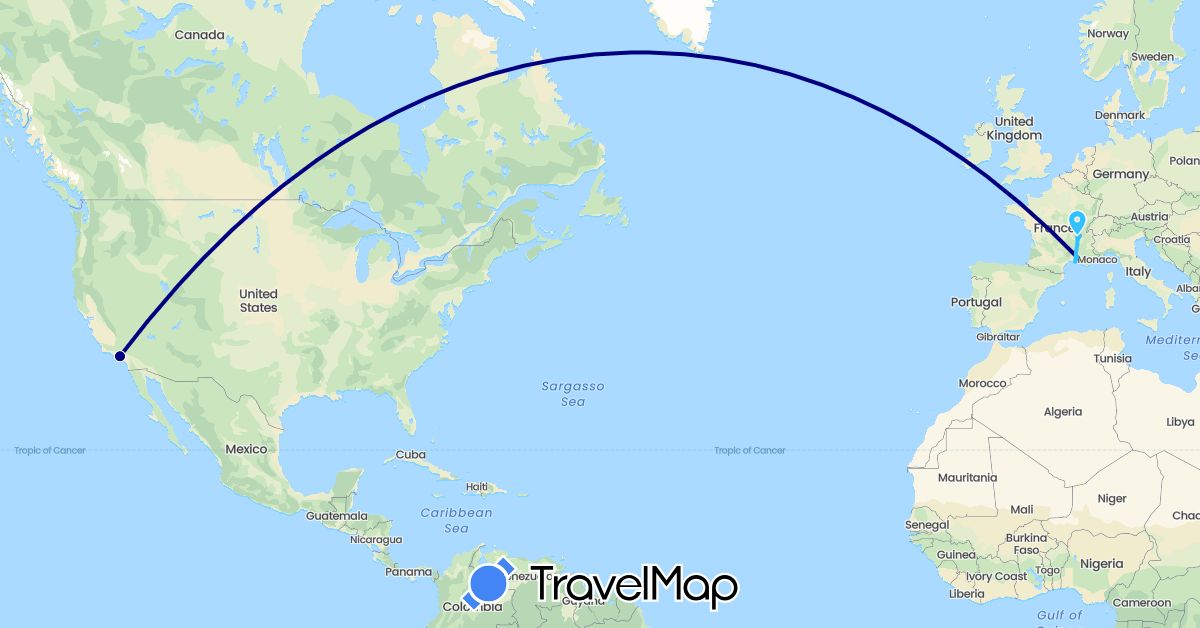 TravelMap itinerary: driving, boat in France, United States (Europe, North America)
