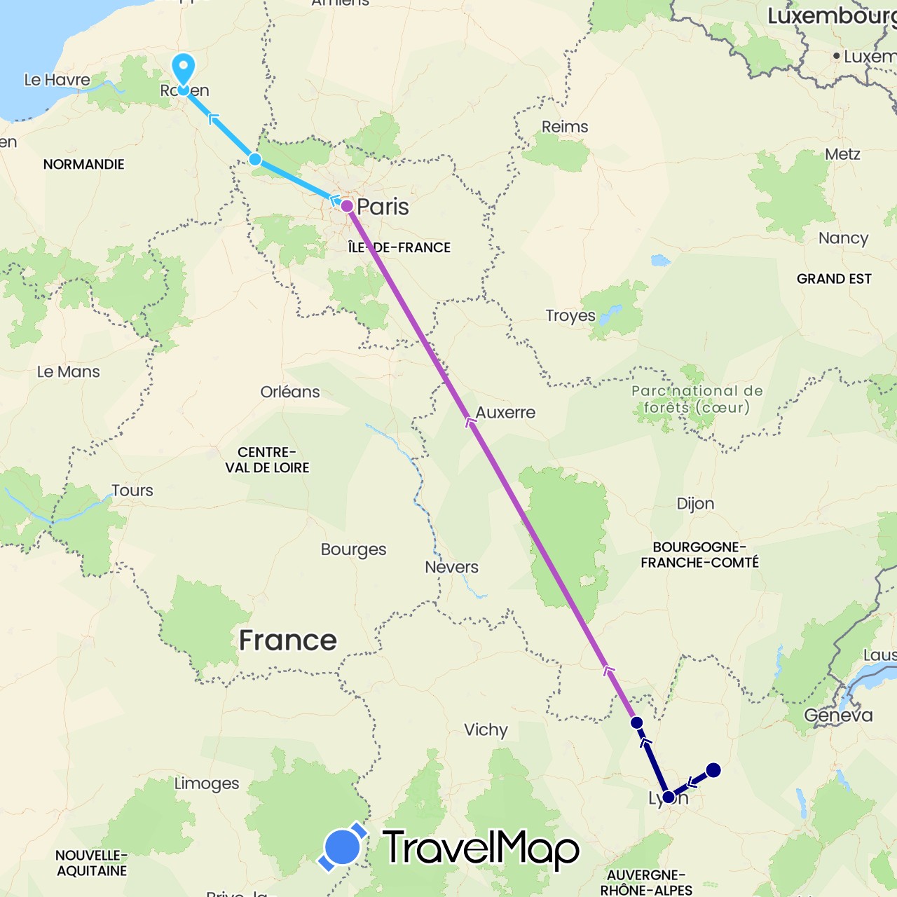 TravelMap itinerary: driving, train, boat in France (Europe)