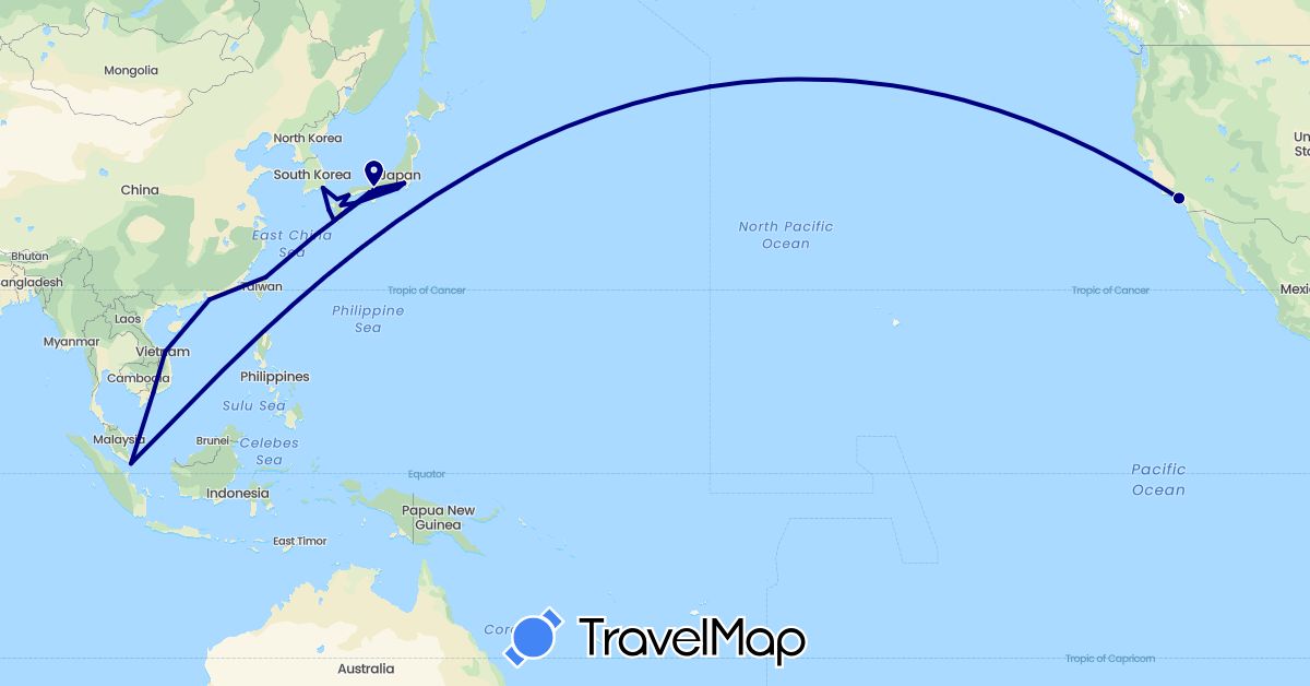 TravelMap itinerary: driving in China, Japan, South Korea, Singapore, Taiwan, United States, Vietnam (Asia, North America)