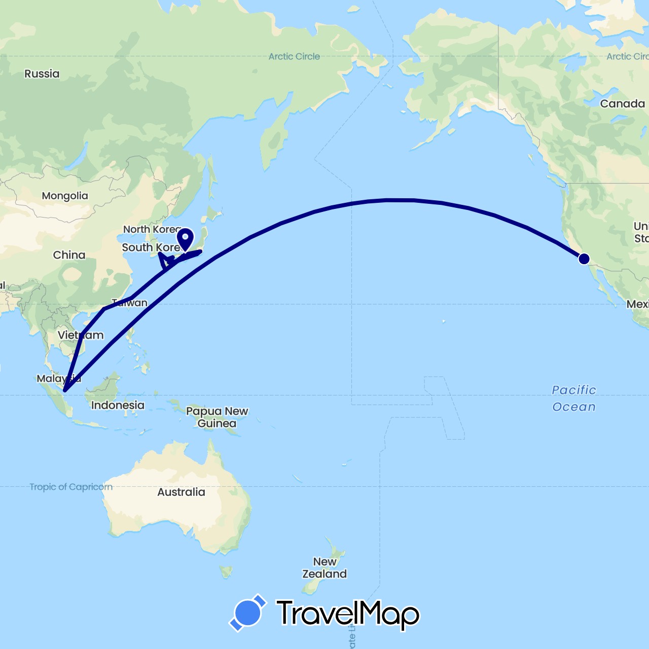 TravelMap itinerary: driving in China, Japan, South Korea, Singapore, Taiwan, United States, Vietnam (Asia, North America)