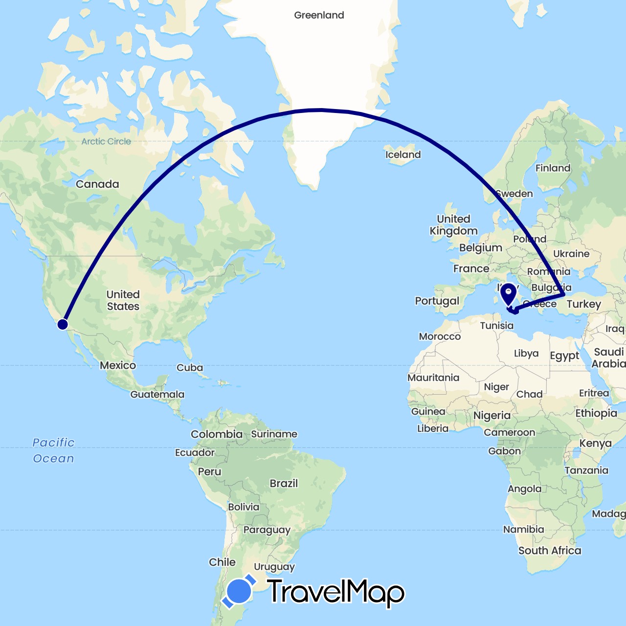 TravelMap itinerary: driving in Italy, Turkey, United States (Asia, Europe, North America)